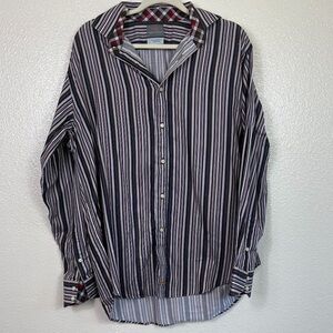THOMAS DEAN Flip Cuff Pima Shirt Men’s size L Black Brown Taupe Stripe